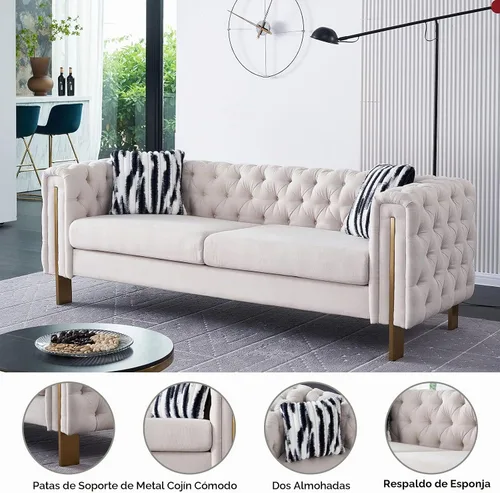 Vista 5 de Sofá moderno para sala de estar, sofá tapizado de lino de 84 pulgadas con botones copetudos, 2 almohadas y patas de metal, muebles decorativos