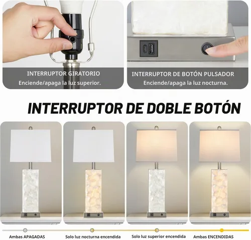 Vista 6 de Lámparas de mesa costeras de 28 pulgadas para sala de estar, lámparas de noche con luz nocturna, puertos USB A+C, moderna concha de mar