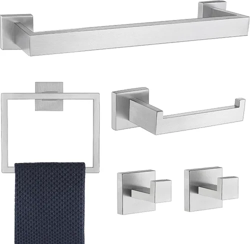 Vista 22 de Juego de 5 piezas de accesorios de ferretería para baño en negro mate, juego de toalleros cuadrados de 16 pulgadas para baño, juego de barras
