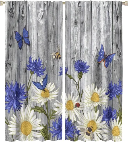 Vista 61 de Cortinas de cocina rústicas y florales, estilo retro, estilo granja, cabaña, casa de campo, margaritas, estilo granja, ventana, puerta