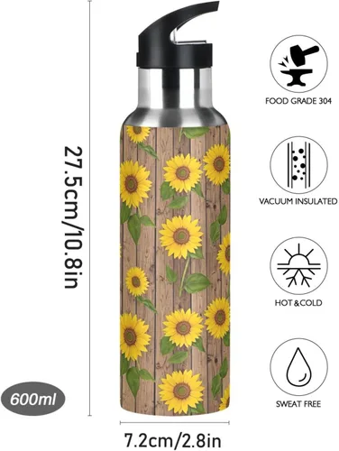 Vista 9 de Sunflowers Green Leaves Insulated Stainless Steel Water Bottle with Straw 20 Oz, BPA-Free Sport Water Bottle Insulated Leakproof Water Bottles
