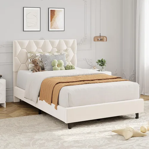 Vista 4 de GAOMON Base de cama tapizada tamaño individual, color beige, base de cama de plataforma resistente con cabecera tapizada y listones de madera