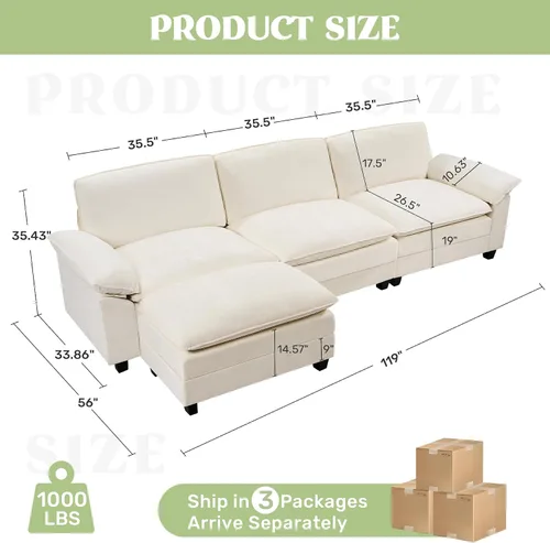 Vista 2 de Sofá modular modular de 118 pulgadas, cómodo sofá seccional de chenilla de 3 asientos para sala de estar, dormitorio y apartamento, color beige Pana