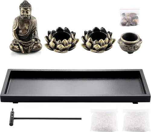 Vista 4 de Jovivi set de jardín zen con estatua de Buda, 2 portavelas de té de loto, mazo y rocas y cristales y quemador de incienso con soporte para varillas