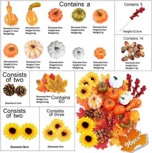 Vista 2 de 96 piezas de calabaza artificial de Halloween y calabaza hoja de arce, girasol, fruta roja, piña, bellota, cosecha, mezcla de calabaza falsa