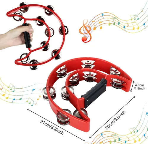 Vista 2 de Paquete de 4 panderetas de media luna para adultos, instrumentos musicales de percusión, pandereta de ritmo musical de doble fila para fiesta de KTV