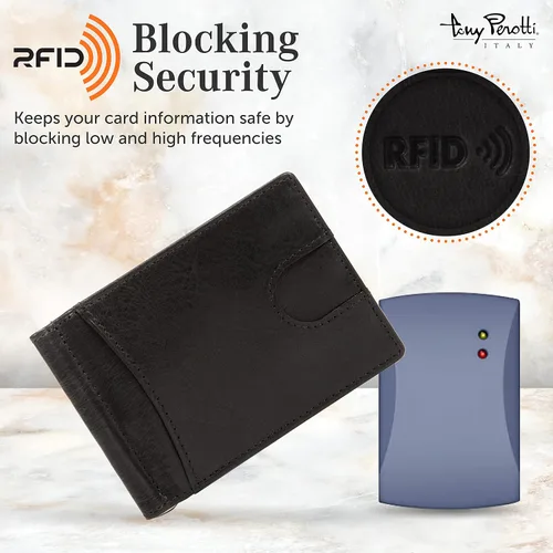 Vista 3 de Tony Perotti Cartera delgada de cuero italiano con clip para dinero para hombre, cartera RFID ultrafina con ranuras para tarjetas de crédito