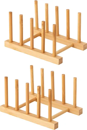 Vista 13 de HBlife - Escurreplatos de madera de acacia con organizador de tapa de olla y plato para gabinete, soporte de tabla de cortar, esculpidor