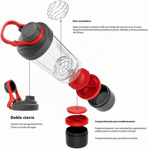 Vista 2 de Botella agitadora de proteínas de 21 oz con contenedor de almacenamiento de polvo - Tazas agitadoras para batidos de proteínas - Botella de Rojo