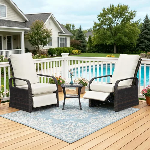Vista 18 de Silla reclinable de aire libre para patio, resina de mimbre con cojines amortiguadores, auto ajustable, sofá de ratán, UV/Fade/Resistente al Mimbre