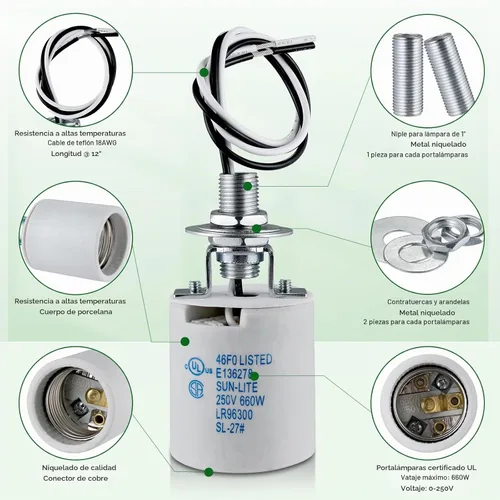 Vista 3 de Enchufe de luz E26,Soporte de lámpara de enchufe de bombilla de tornillo Medimun estándar,Enchufe de luz de porcelana E26 con cable para bombilla