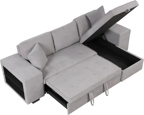 Vista 7 de Merax Sofá cama en forma de L de 104.5 pulgadas, sofá cama modular reversible de 3 plazas con cama extraíble, sofá cama de almacenamiento y 2 Gris