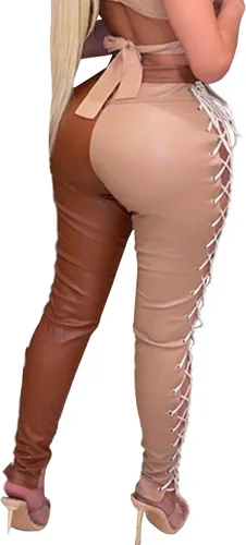 Vista 2 de xxxiticat Pantalones de piel sintética con cordones para mujer, cintura alta, cruzados, huecos, bloques de color, de piel sintética