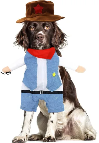 Vista 4 de Disfraz de vaquero de Halloween para perro, ropa para mascotas, disfraces con sombrero para perro y gato, color azul (M)
