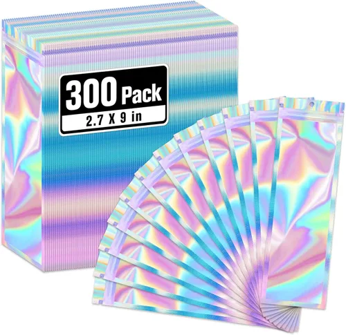 Vista 35 de ANZNKU Paquete de 300 bolsas multicolor para bolígrafos, bolsas holográficas de Mylar con ventana transparente, bolsas de embalaje a prueba