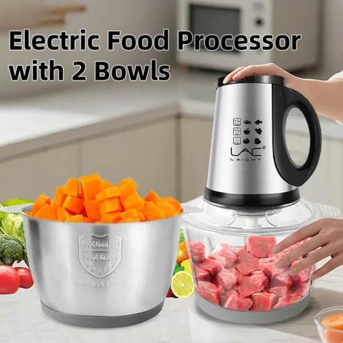 Vista 3 de Procesador de alimentos, picadora de carne pequeña, potente picadora de alimentos de 300 W, picadora eléctrica de verduras con 2 cuencos