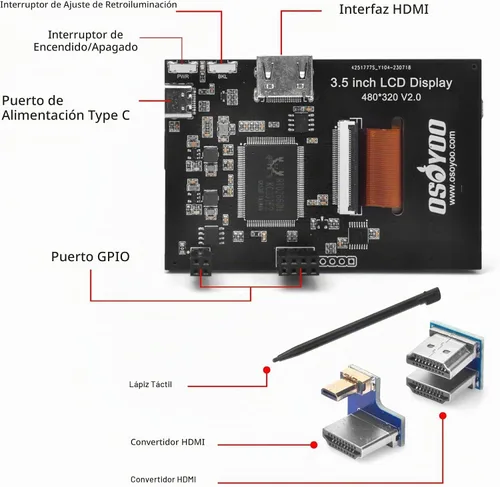 Vista 6 de OSOYOO 3.5 "HDMI LCD pantalla táctil para Raspberry Pi 5 4 3 2 con lápiz óptico