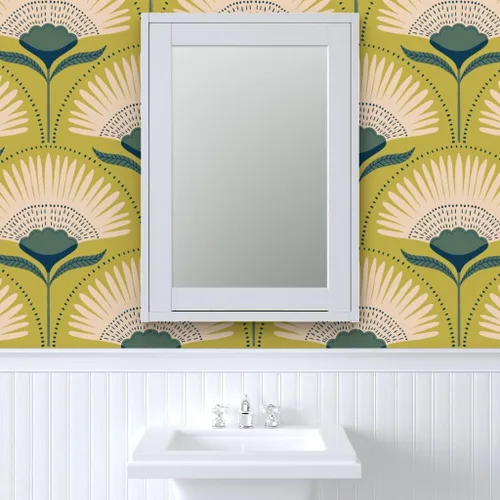 Vista 9 de Muestras de papel tapiz para despegar y pegar, diseño Art Deco de flores verdes, geométrico, divertido, jumbo, papel tapiz extraíble personalizado
