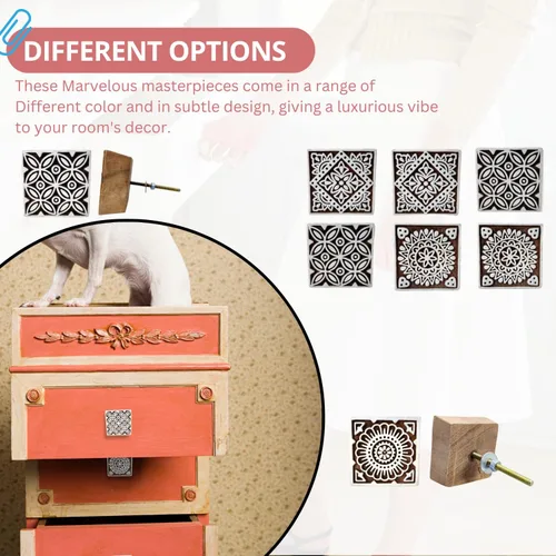 Vista 3 de Hashcart Pomos de madera para gabinetes de cocina, juego de 6 pomos tallados a mano con diseño floral para gabinete y cajón, color marrón