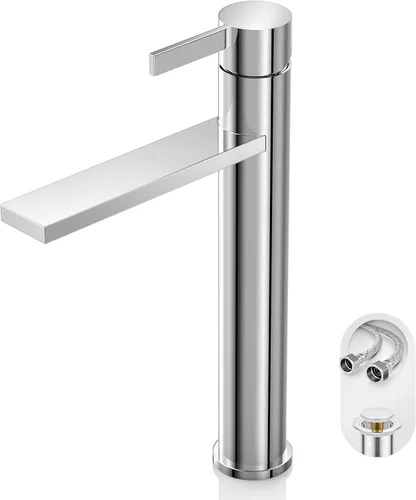 Vista 15 de Phiestina FH01-BG-V - Grifo de lavabo de baño de oro cepillado, un solo agujero, grifo alto de baño de una sola manija, con drenaje desplegable