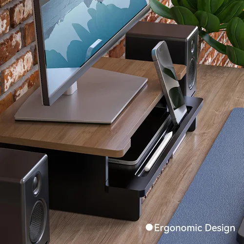 Vista 3 de Soporte elevador de monitor para escritorio, estante de escritorio de madera, organizador de almacenamiento con soporte para teléfono y tableta