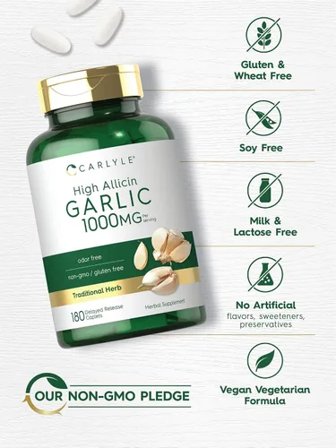 Vista 4 de Carlyle Suplemento de ajo de 1000 mg 180 cápsulas Pastillas inodoras Extracto de alto contenido de alicina Vegetariano, sin OMG y sin gluten