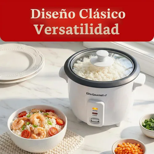 Vista 8 de Elite Gourmet Olla arrocera y vaporera, olla antiadherente, blanco, 6 tazas