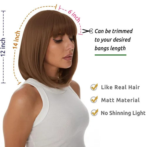 Vista 4 de Onpep Pelucas de cabello castaño rojizo con flequillo para mujer, longitud corta y recta, resistente al calor, peluca sintética resistente al calor