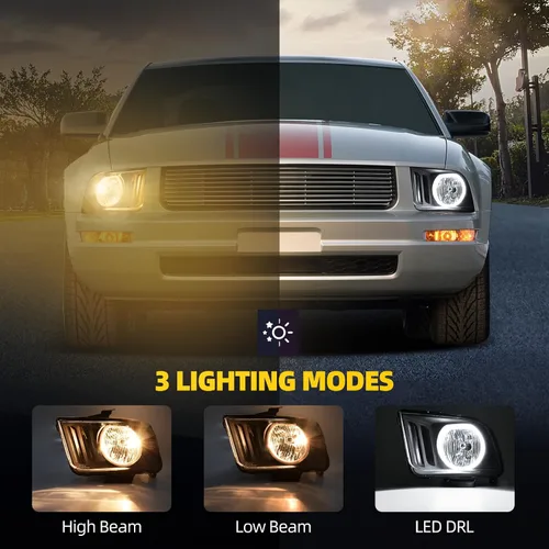 Vista 2 de DWVO Conjunto de Faro Delantero Compatible con Ford Mustang 05 06 07 08 09 2005 2006 2007 2008 2009 Lámpara con LED DRL