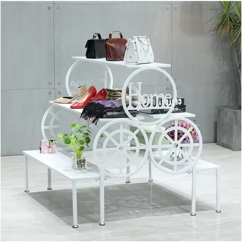 Vista 10 de Mesas de exhibición al por menor para tienda de zapatos, estantes de almacenamiento trapezoidales de piso a techo, estantes de varios niveles