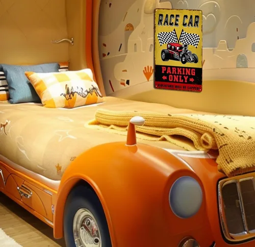 Vista 7 de Decoración de habitación de coche de carreras para niños, letrero de estacionamiento de autos de carreras, letrero de hombre, cueva, garaje