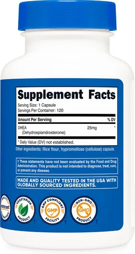 Vista 5 de Nutricost DHEA 25 mg, 120 cápsulas - Sin gluten, sin soya, sin OMG, suplemento