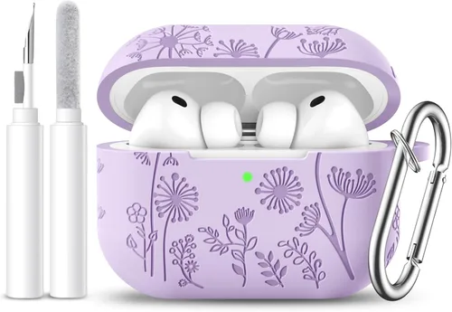 Vista 33 de Lerobo Funda para AirPods 5/4, funda de silicona suave grabada con flores A-Negro