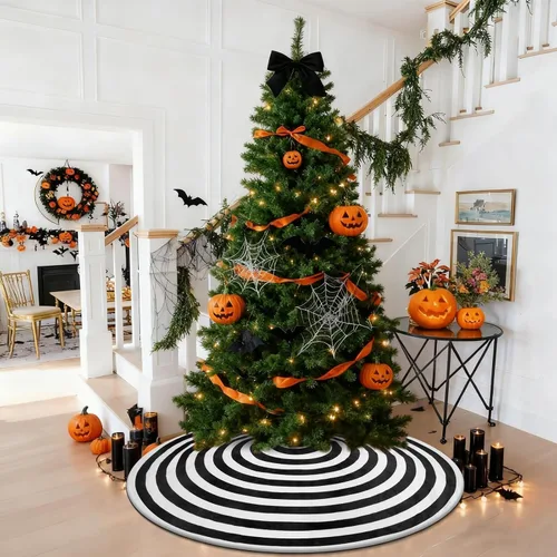 Vista 9 de Falda de árbol de Navidad en blanco y negro de 36 pulgadas, pequeña falda de terciopelo en espiral para árbol de Halloween, tapete de árbol