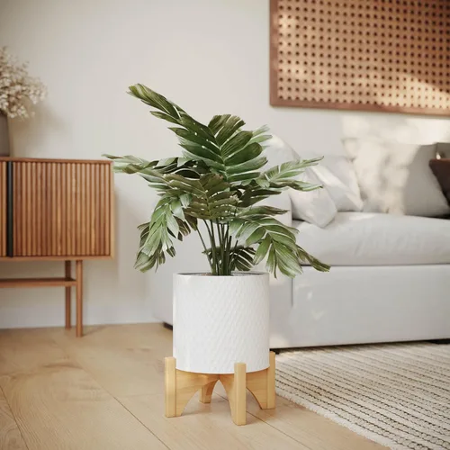 Vista 8 de EverNest Claire Maceta blanca moderna bohemia con soporte de madera de arco, maceta de interior de mediados de siglo, base SelectBase, soporte
