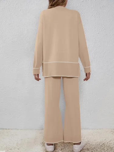 Vista 6 de SuperPrity Conjunto de 2 piezas de suéter para mujer, con cuello de muesca, manga larga, suéter de punto y pierna ancha