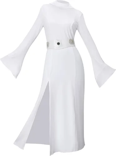 Vista 2 de MORROWIND Disfraz de mujer con capucha blanca, vestido largo con cinturón, traje de fiesta de cosplay de Halloween