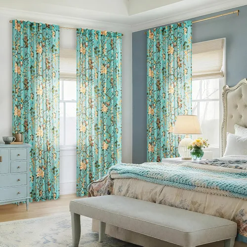 Vista 6 de Cortinas de lino de pájaro floral azul 2 paneles de 72 pulgadas de largo Aqua Blue