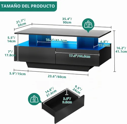 Vista 2 de YITAHOME - Mesa de café LED con almacenamiento, mesas de café LED de alto brillo para sala de estar, mesa de café negra moderna rectangular, mesa