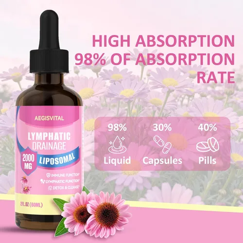 Vista 3 de Gotas de drenaje linfático liposomal, apoyo linfático con equinácea, diente de león, cúrcuma, bardana, saúco y caléndula, apoyo del sistema