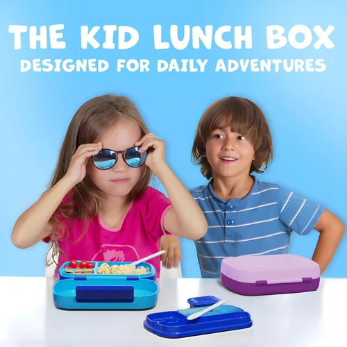 Vista 2 de Umami Lonchera Bento todo en 1 para niños, paquete de hielo y utensilios incluidos, 100% a prueba de fugas y sin BPA, lonchera favorita de los Azul