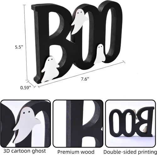 Vista 3 de Ovootok Wooden Boo Sign Halloween Table Decorations Cute Ghost Decor Indoor Halloween Decor Indoor 3-Layer Wooden BOO Sign with Cute White Ghosts