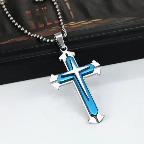 Vista 6 de Zittop Paquete de 2 cadenas de collar con colgante de cruz negra y azul (azul, negro)