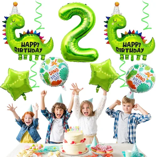 Vista 7 de Globos de cumpleaños de dinosaurio número 2, globo de aluminio de aluminio con el número 2 para fiestas temáticas de dinosaurios, decoración