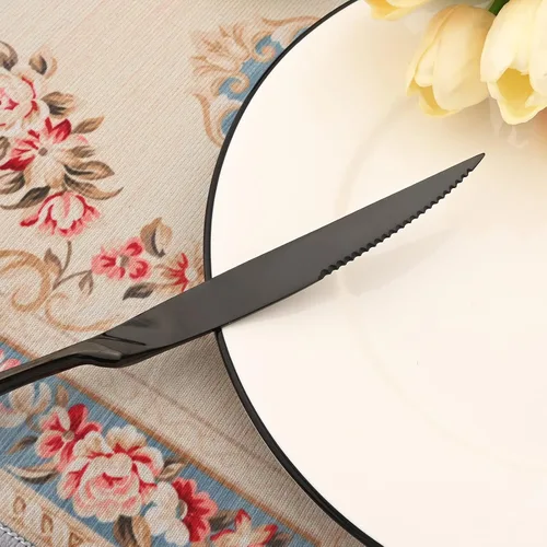 Vista 7 de Juego de cubiertos de acero inoxidable 304 de 20 piezas con cuchara de cuchillo para carne, color negro espejo, servicio para 4