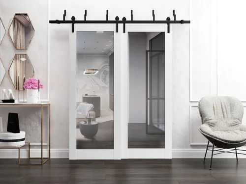 Vista 2 de SARTODOORS - Panel de puerta de granero de losa 18 x 80 pulgadas Lucia 1299 Seda blanca con espejo Puertas interiores con acabado resistente
