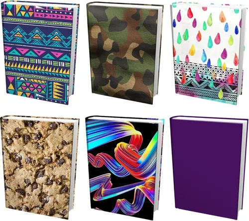 Vista 11 de Paquete de 6 fundas elásticas para libros fáciles de aplicar. 3 chaquetas grandes sólidas y 3 diseños para libros de texto de tapa dura de hasta 9 x