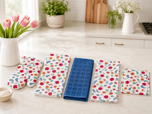 Vista 13 de Serafina Home Easter Kitchen Towel Set with Pot Holders, Spring Colored Eggs Design, 100% Cotton, White Orange Green, 5 Piece Set