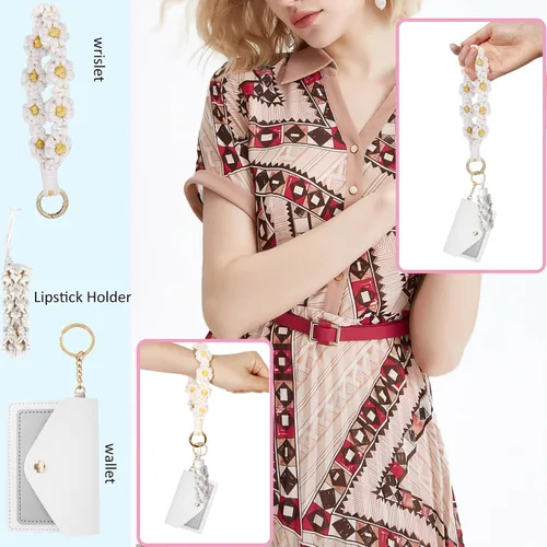 Vista 7 de BIHRTC Llavero de pulsera boho con soporte para lápiz labial, pulsera hecha a mano