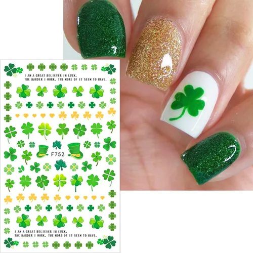 Vista 5 de 8 hojas de calcomanías de arte de uñas del día de San Patricio, calcomanías de uñas de trébol 3D, autoadhesivas, trébol verde, diseño de uñas